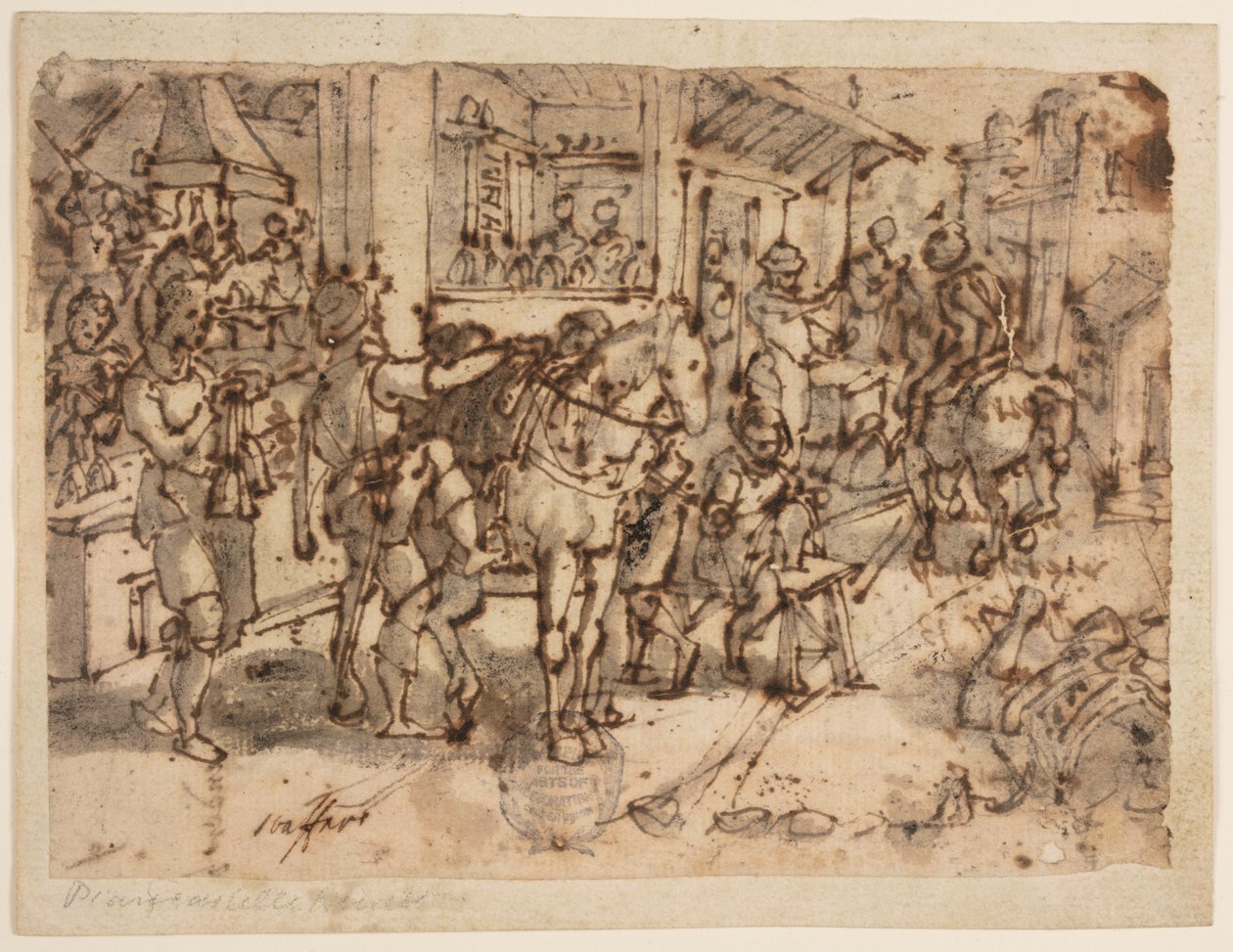Invención del estribo, diseño para "Staphae, sive stapedes," lámina 9 en la serie de grabados Nova Reperta (Nuevos inventos de los tiempos modernos) de Jan van der Straet, called Stradanus