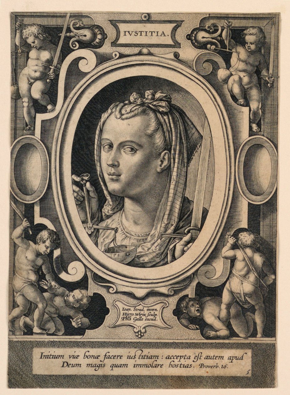 Justicia (Iustitia), lámina 5 de las "Virtutum theologicarum et cardinalium" de Jan van der Straet, called Stradanus
