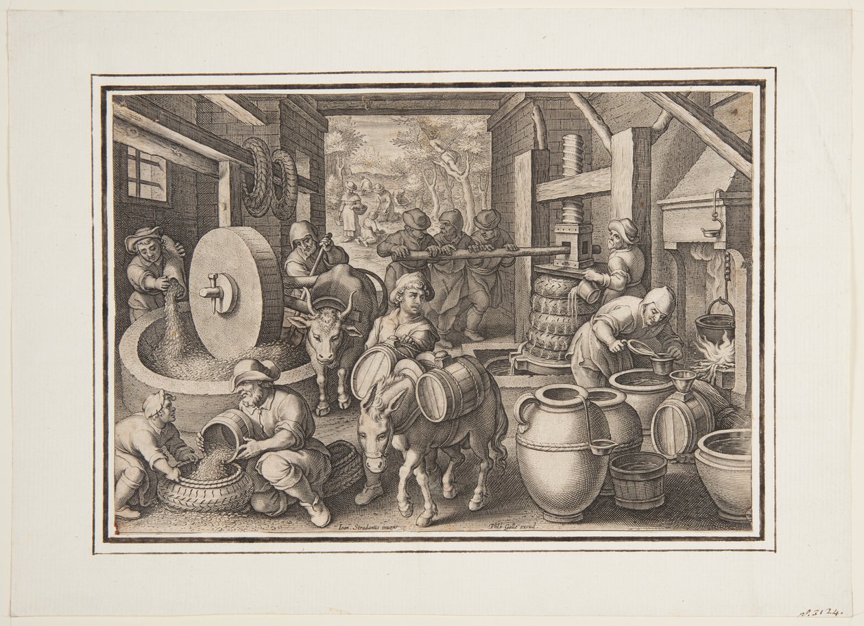 Oleum Olivarum (La producción de aceite de oliva), lámina 12 en la Nova Reperta (Nuevos inventos de los tiempos modernos) de Jan van der Straet, called Stradanus