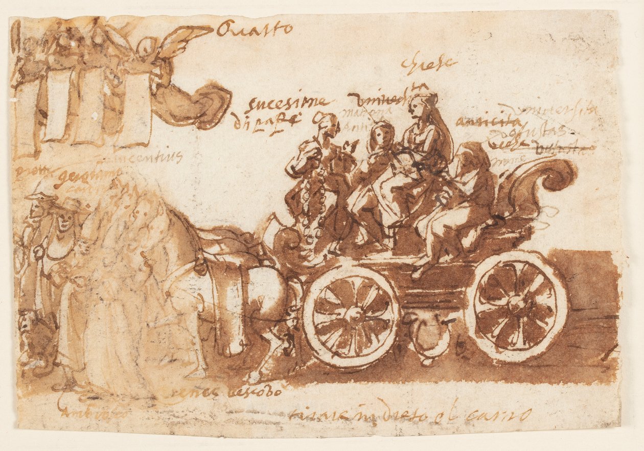 Página de un cuaderno de bocetos; Carro y tres caballos de Jan van der Straet, called Stradanus