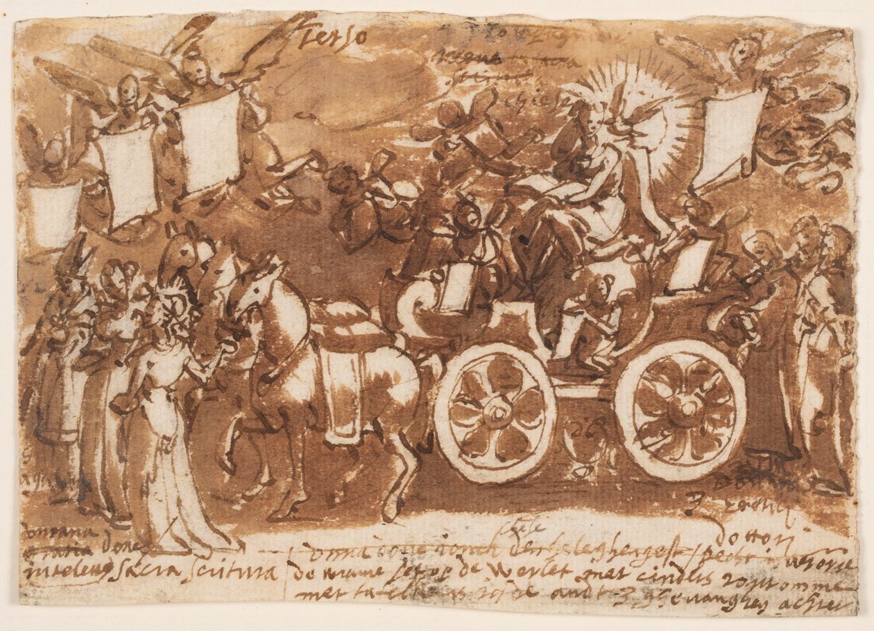 Página de un cuaderno de bocetos; carro y tres caballos de Jan van der Straet, called Stradanus