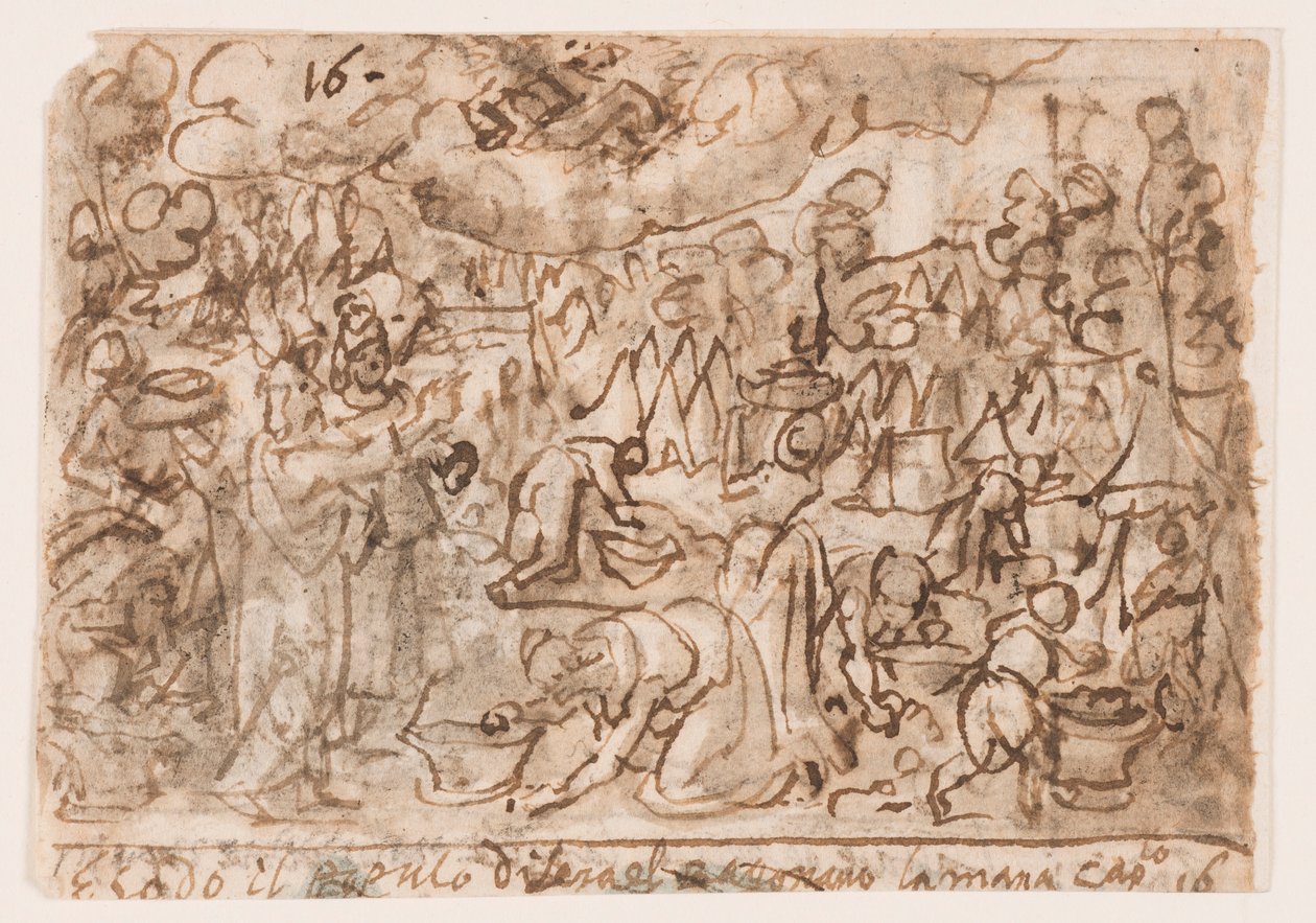 Página de un cuaderno de bocetos; Éxodo - recolección de maná; Sacrificio de Jan van der Straet, called Stradanus