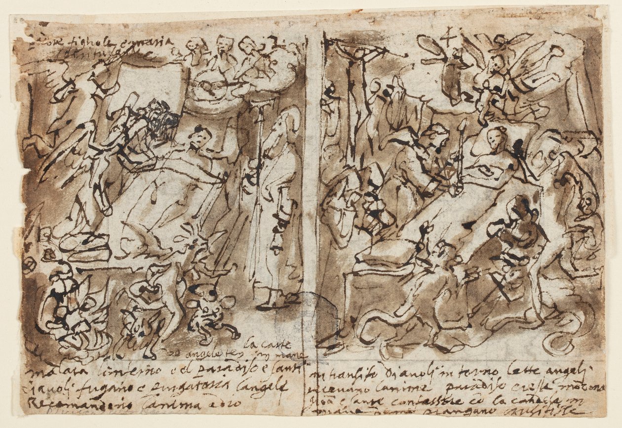 Página de un cuaderno de bocetos; Poderes celestiales ayudando a los piadosos; Boceto para retrato de santo; Decoración de frontón de Jan van der Straet, called Stradanus