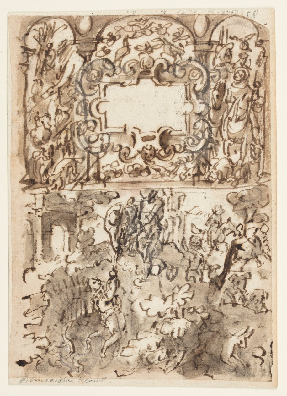 Página de un cuaderno de bocetos; Página de título para la serie de grabados sobre caza; Accidente de un cazador de Jan van der Straet, called Stradanus