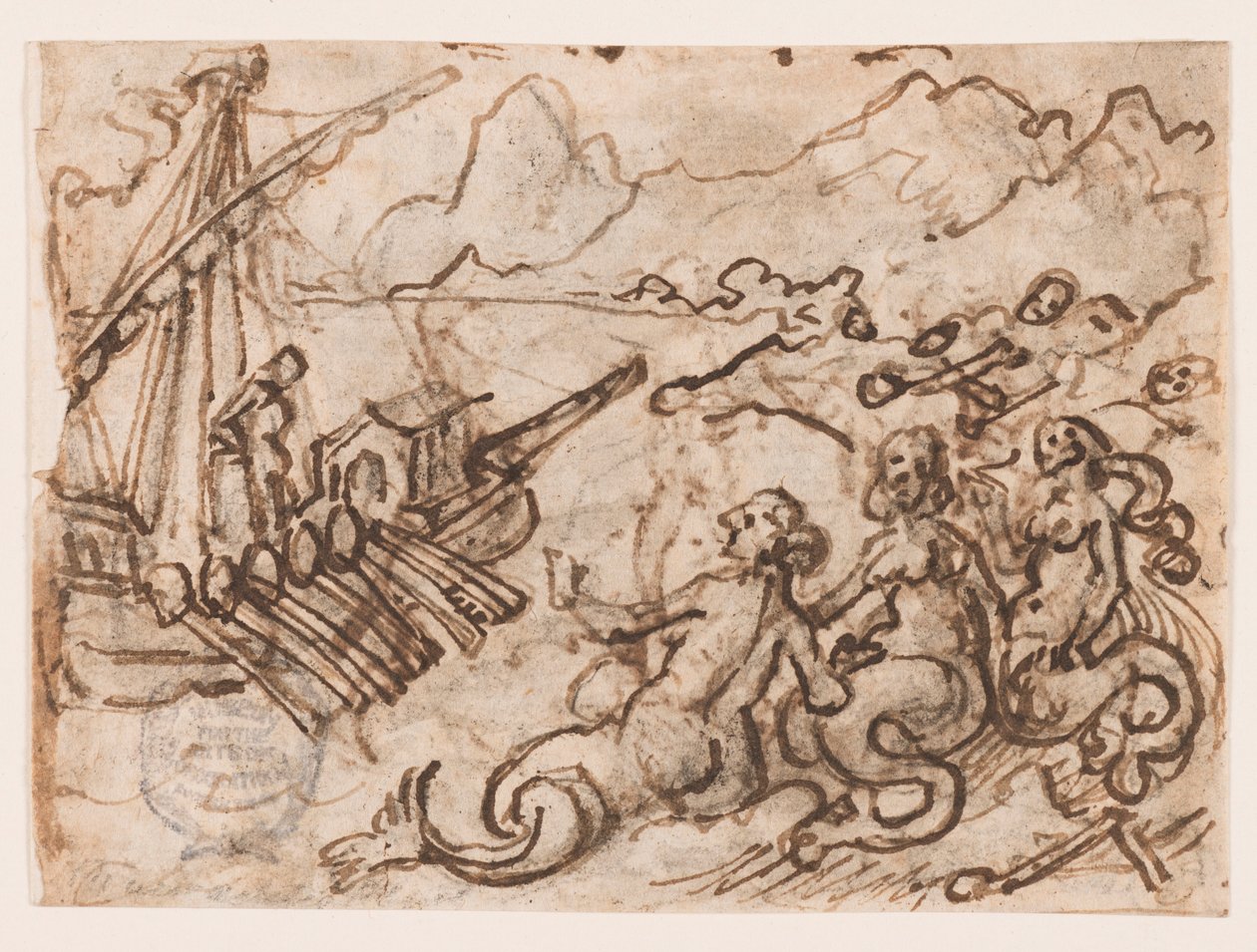 Página de un cuaderno de bocetos: Ulises pasa las sirenas (recto); Ulises en el inframundo (verso) de Jan van der Straet, called Stradanus