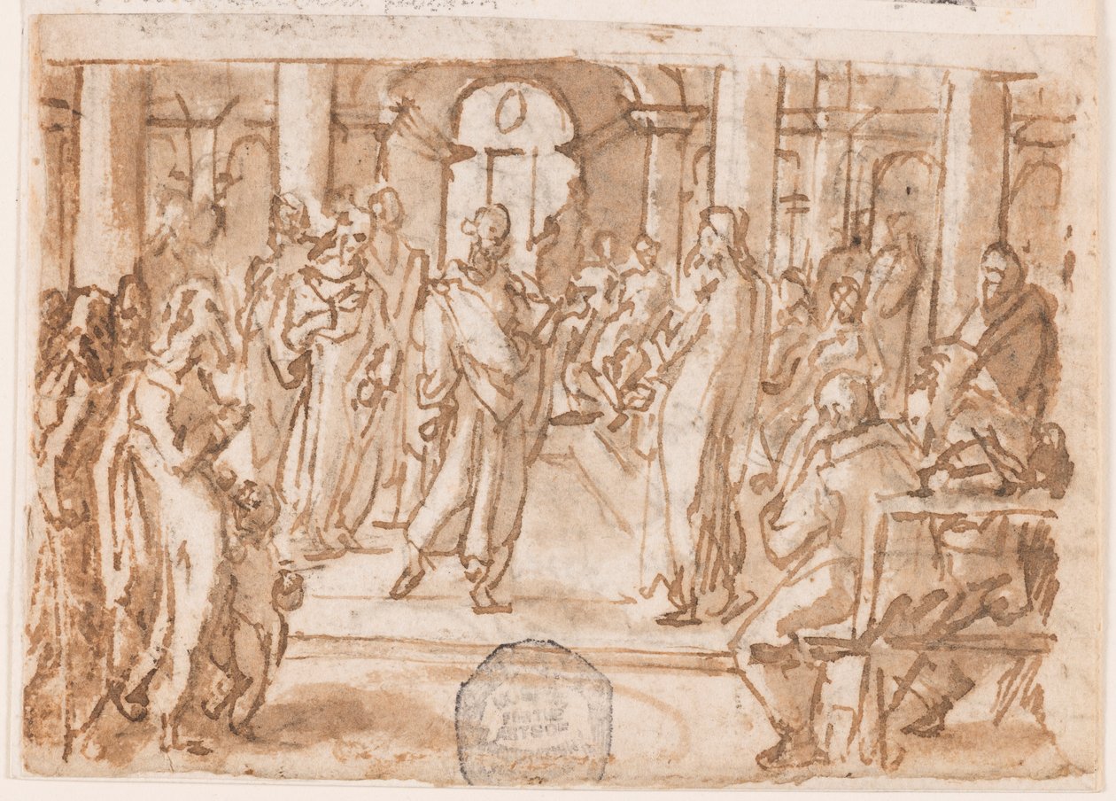 Pedro y Juan cuestionados por el Consejo Superior, diseño preliminar para "Spiritus Scientiae" (El Espíritu de Ciencia), placa 5 en la serie de grabados "Los siete dones del Espíritu Santo" de Jan van der Straet, called Stradanus