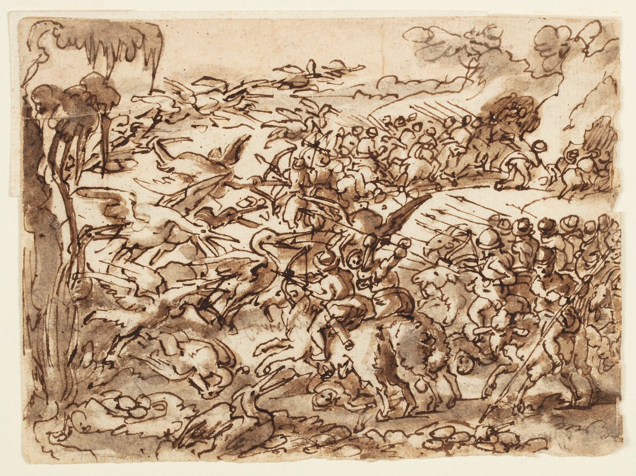 Recto: Batalla entre pigmeos y grullas; Verso: inscripción relacionada con la Historia Natural de Plinio el Viejo, Libro 7, cap. 2 de Jan van der Straet, called Stradanus