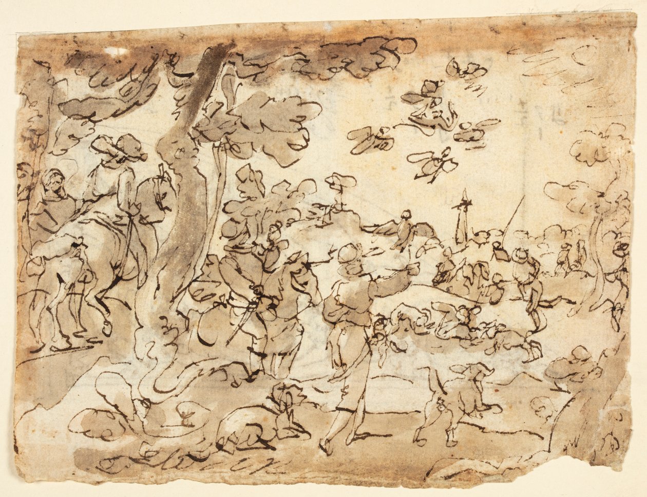 Recto: Caza de aves con halcones; Verso: Luneta decorada con animales, capricornio y follaje de Jan van der Straet, called Stradanus