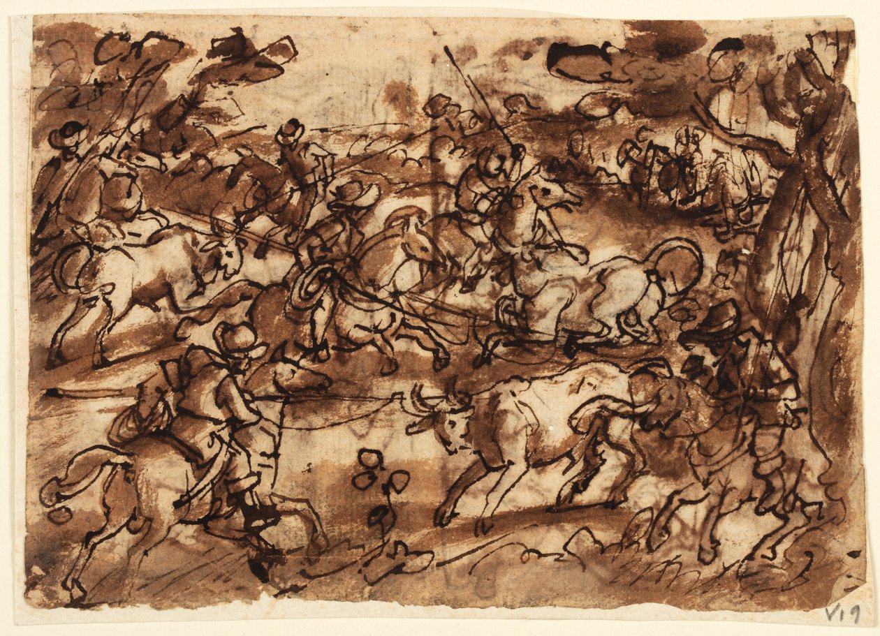Recto: Caza de toros con lazos; Verso, arriba: Caza de osos por hombres con armadura; Verso, abajo: Caza de monos por engaño; todos diseños preliminares para la serie Venationes de Jan van der Straet, called Stradanus