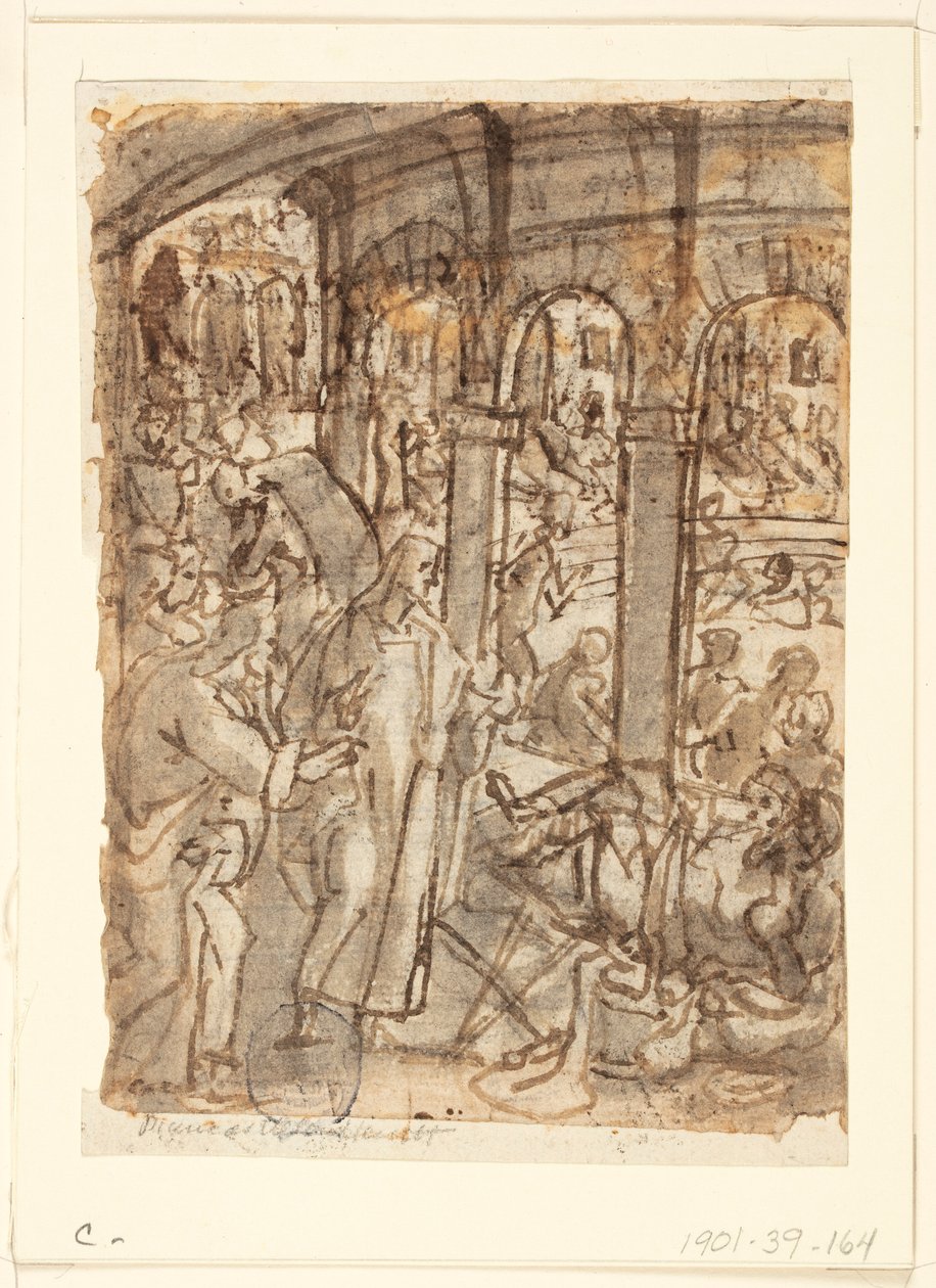Recto: Cristo sanando a los paralíticos cerca del estanque de Betesda; Verso, arriba: Mercurio, patrón de los viajeros; Verso, abajo: estudios de un hombre cerca de una puerta abierta de Jan van der Straet, called Stradanus