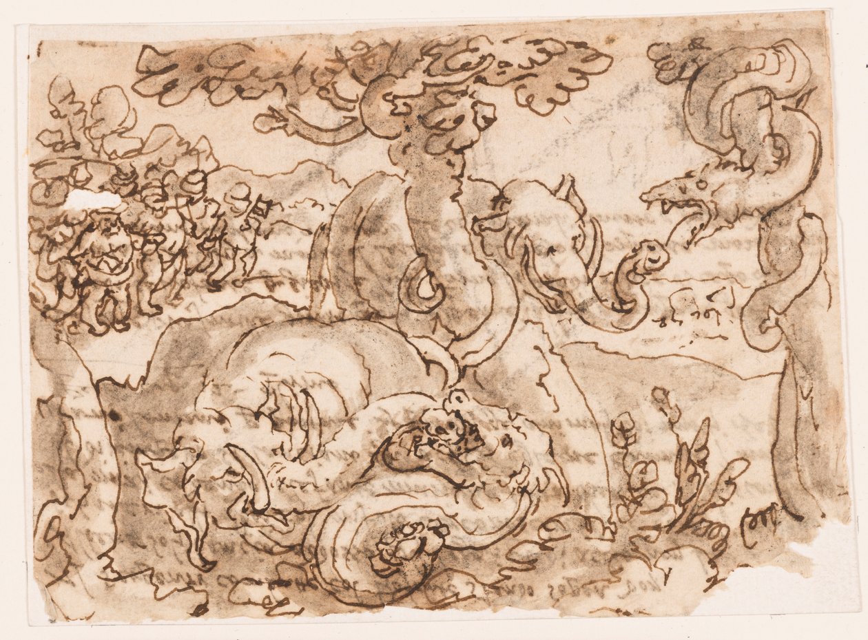 Recto: Lucha entre elefantes y serpientes, de la Historia Natural de Plinio (libro 8, cap. 11-12); Verso: inscripción relacionada con el material fuente de Jan van der Straet, called Stradanus
