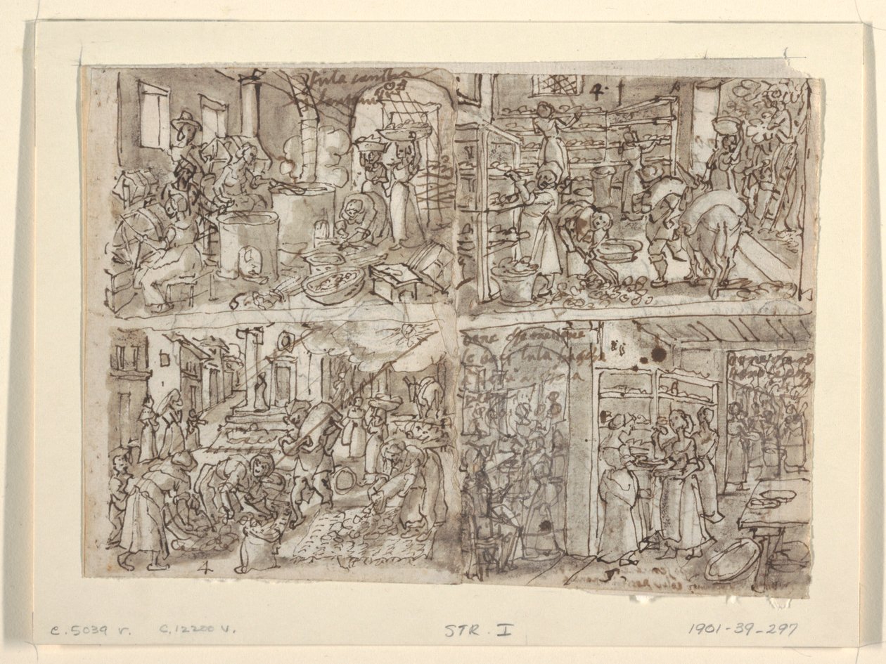 Recto: Cuatro diseños preliminares para la serie de grabados "Vermis Sericus" (Fabricación de seda). Arriba a la izquierda: enrollando seda. Abajo a la izquierda: preparando hojas de morera. Arriba a la derecha: arreglando las hojas en estantes. Abajo a la de Jan van der Straet, called Stradanus