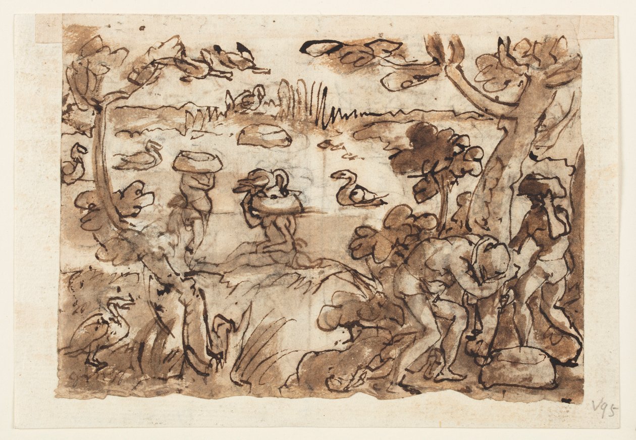 Recto: Caza de patos usando calabazas en las Indias Occidentales; Verso, arriba: Caza de cocodrilos en el Nilo; Verso, abajo: Caza de tigres usando trampas y espejos de Jan van der Straet, called Stradanus