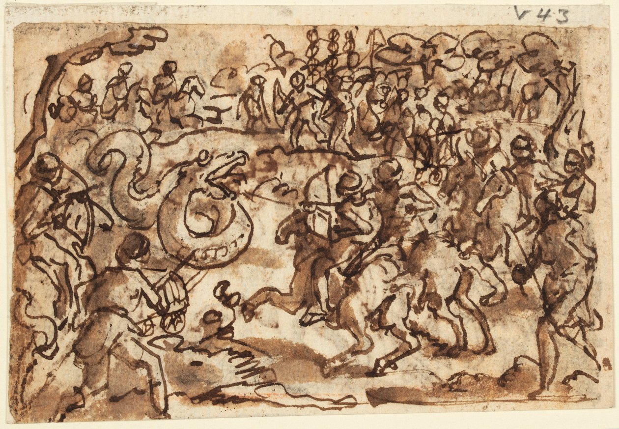 Recto: El cónsul romano Atílio Régulo luchando contra una serpiente africana gigante, de la Historia Natural de Plinio, Libro 8, cap. 14; Verso: Ptolomeo atrapando una serpiente gigante con una red, de Diodoro Sículo, Bibliotheca Historica III, 37 de Jan van der Straet, called Stradanus