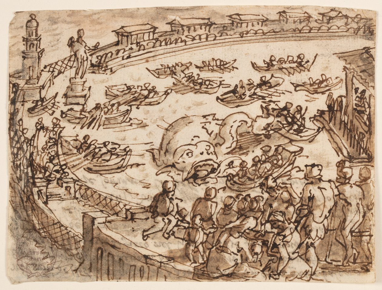 Recto: Caza de ballenas por el emperador Claudio en el puerto de Ostia; Verso: inscripción relacionada con la Historia Natural de Plinio el Viejo, Libro 9, cap. 5 de Jan van der Straet, called Stradanus