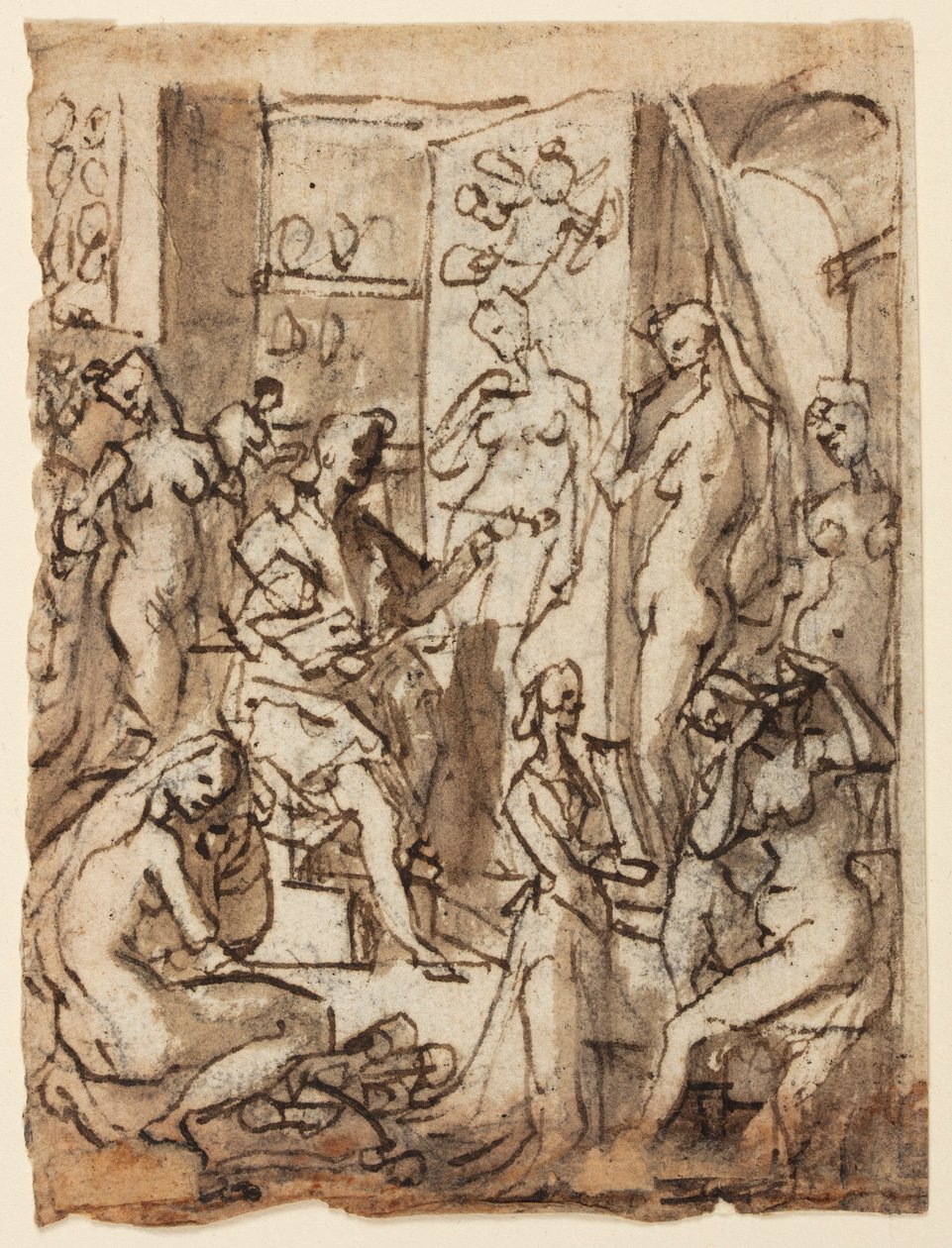 Recto: Zeuxis pintando a Helena; Verso: Estudios de figuras para una ilustración del octavo círculo, décima bolgia del Infierno de Dante (Falsificadores: Maestro Adamo, Sinón de Troya, la esposa de Potifar) de Jan van der Straet, called Stradanus