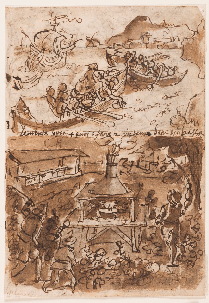 Recto, arriba: Recolección de betún, de la Historia Natural de Plinio, Libro 35, cap 51; Recto, abajo: Captura de polillas nocturnas. Verso, arriba: Caza de búfalos; Verso, abajo: Pesca de coral en Sicilia, de la Historia Natural de Plinio el Viejo de Jan van der Straet, called Stradanus