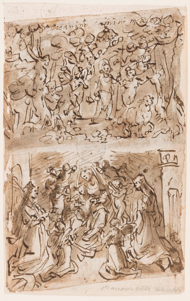 Recto, arriba: Joven San Juan Bautista guiado por ángeles en el desierto; Recto, abajo: Sacra Conversazione con Santa Bárbara y Santa Catalina; Verso, arriba: Crucifixión; Verso, abajo: Cristo sanando paralíticos cerca de la piscina de Betesda de Jan van der Straet, called Stradanus