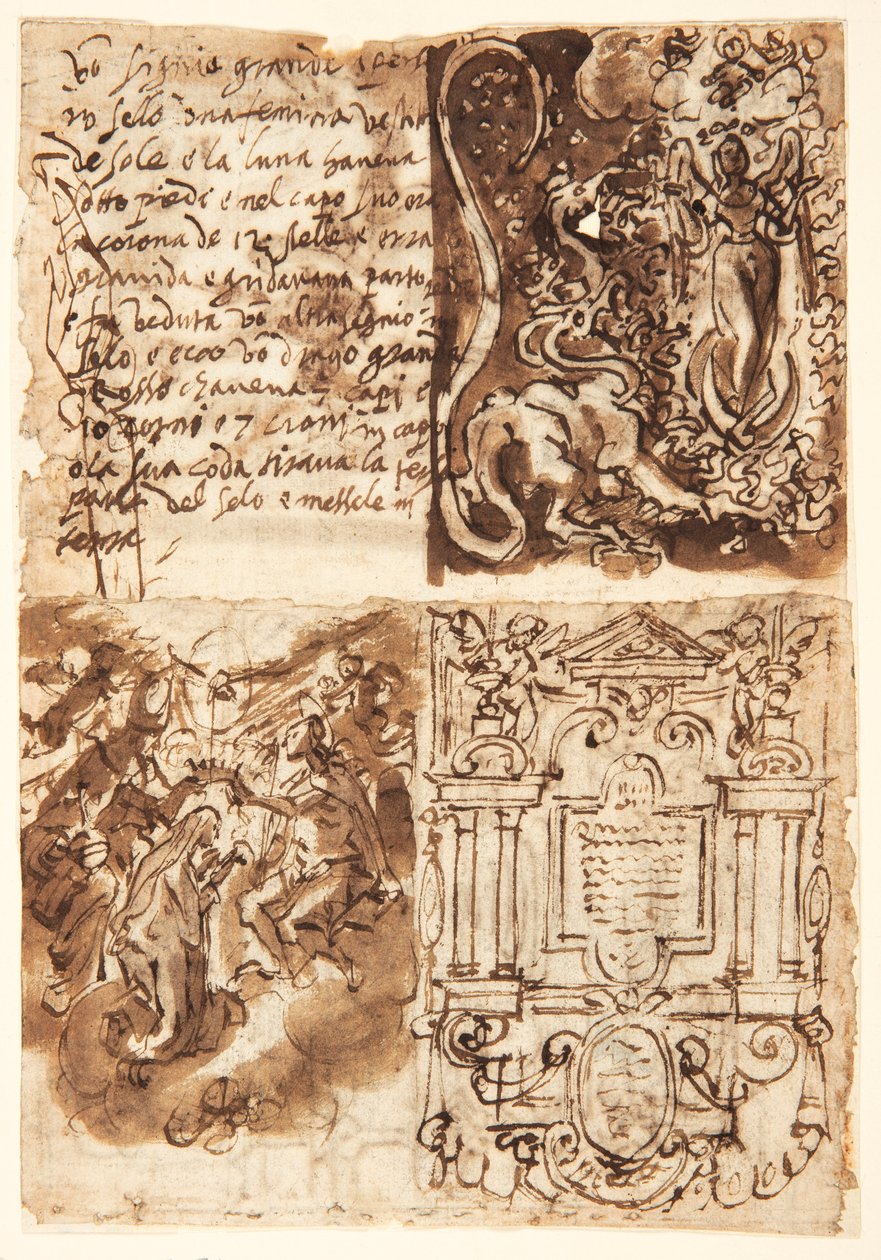 Pasaje sobre la Mujer del Apocalipsis, del Libro de la Revelación; Mujer del Apocalipsis; Portada de la serie de grabados de la Vida de la Virgen; Coronación de la Virgen de Jan van der Straet, called Stradanus