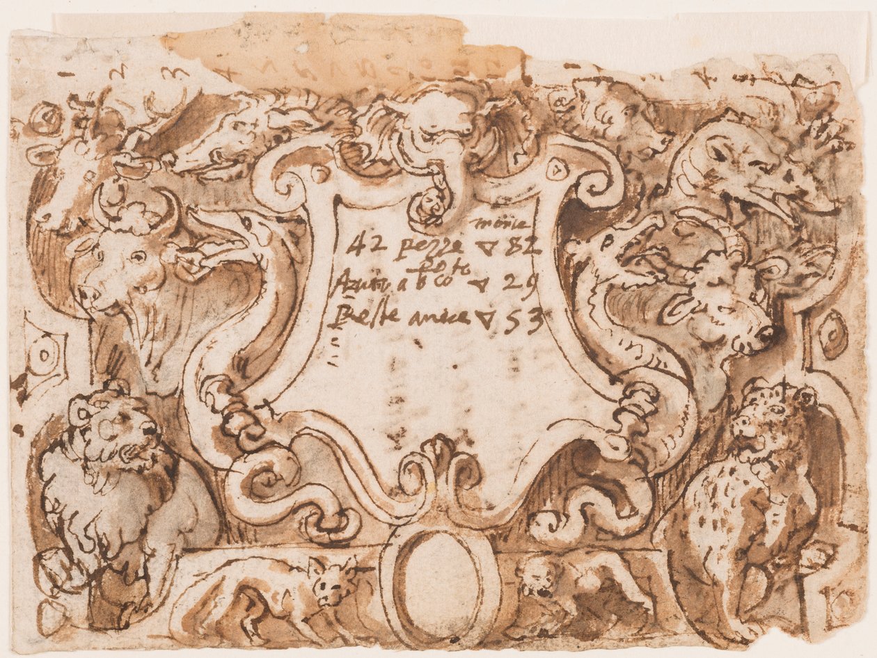 Recto: diseño preliminar para la página de título de la serie de grabados Venationes Ferarum Arium Piscium; Verso: notas de Stradanus sobre pagos a un sastre de Jan van der Straet, called Stradanus