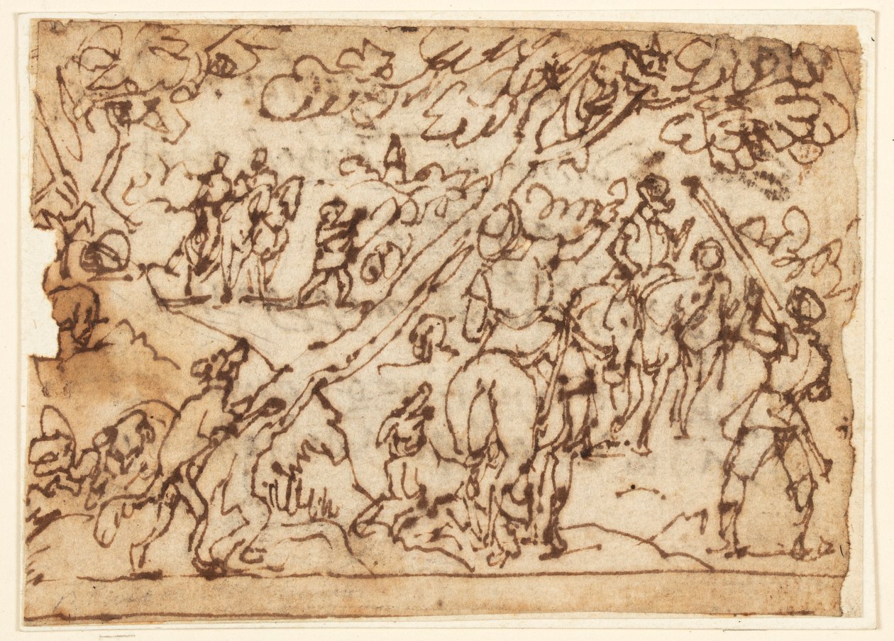 Página de cuaderno de bocetos; escena de caza de Jan van der Straet, called Stradanus