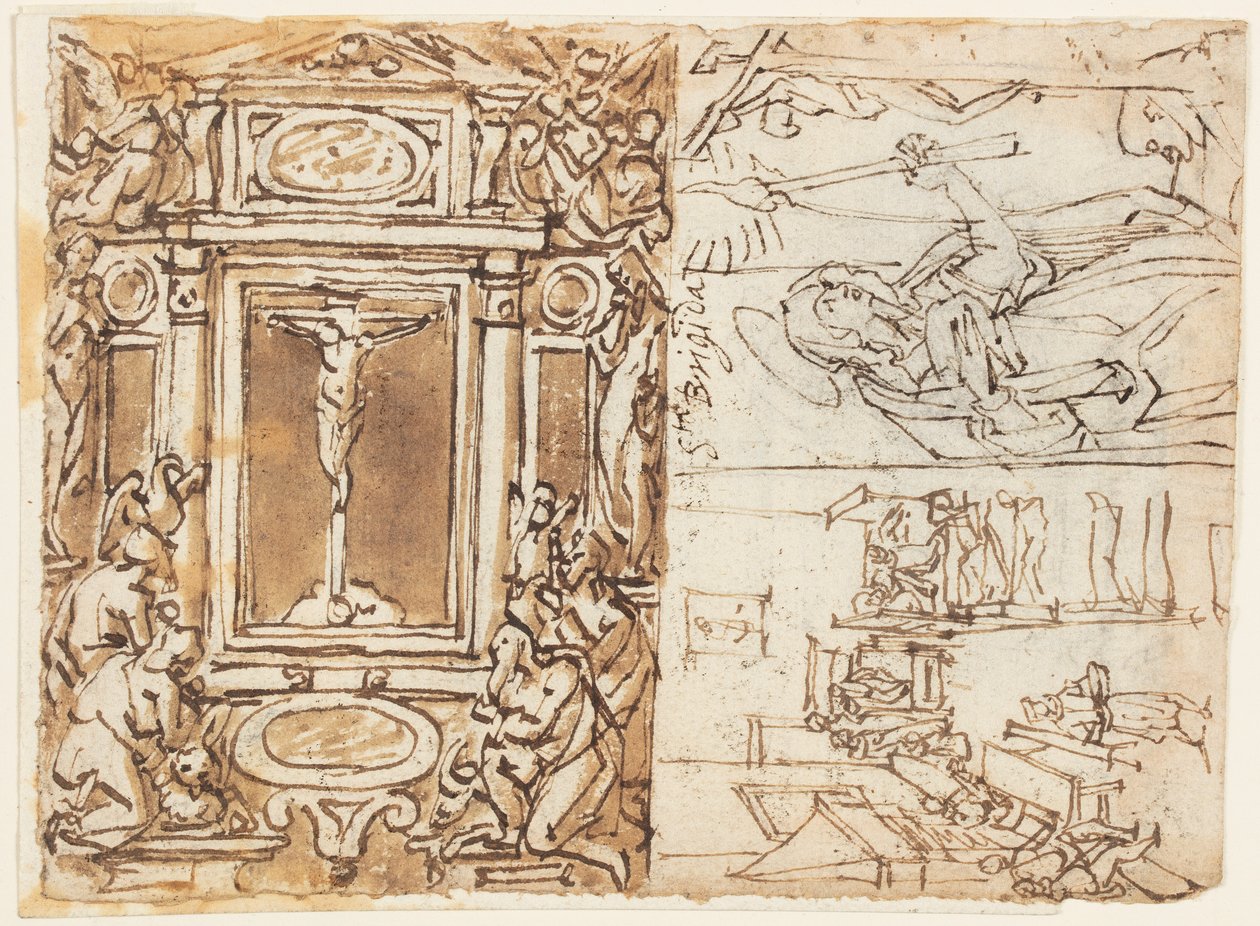 Página de cuaderno de bocetos; Monumento de Marco Aurelio Antonino con hijo; Estudio para un grabado de Jan van der Straet, called Stradanus