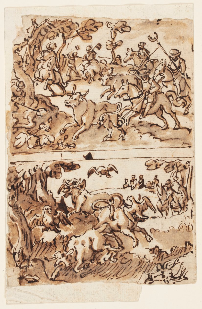 Página de Boceto con Cacerías de Toros de Jan van der Straet, called Stradanus