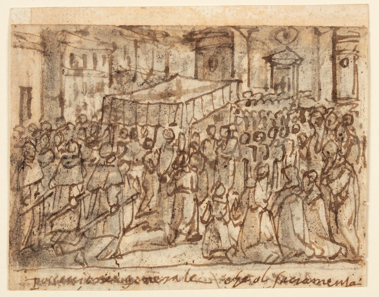 Página de cuaderno de bocetos con procesión con el anfitrión y misa pontifical de Jan van der Straet, called Stradanus
