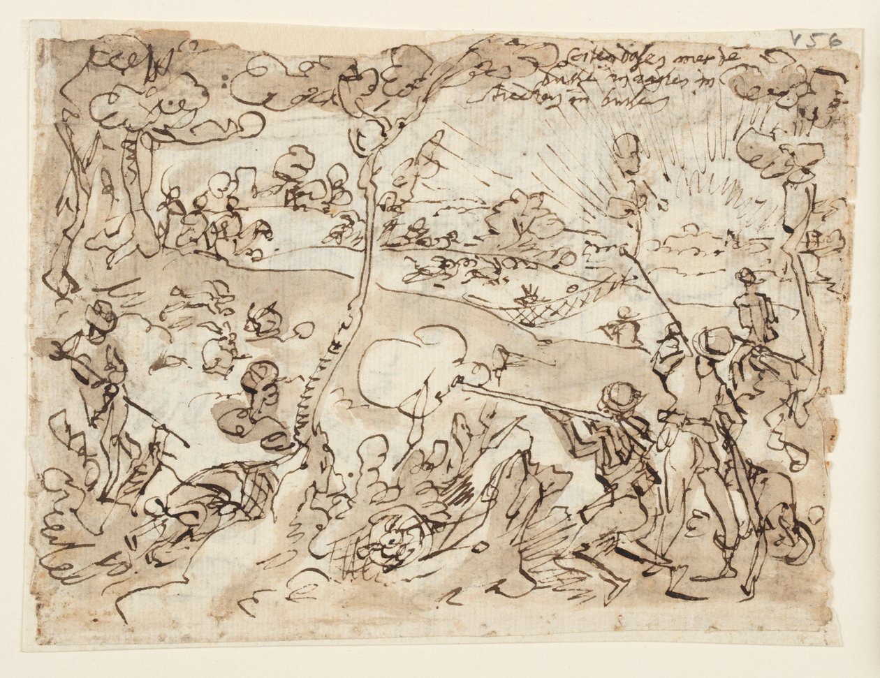 Página de cuaderno de bocetos con caza de conejos de Jan van der Straet, called Stradanus