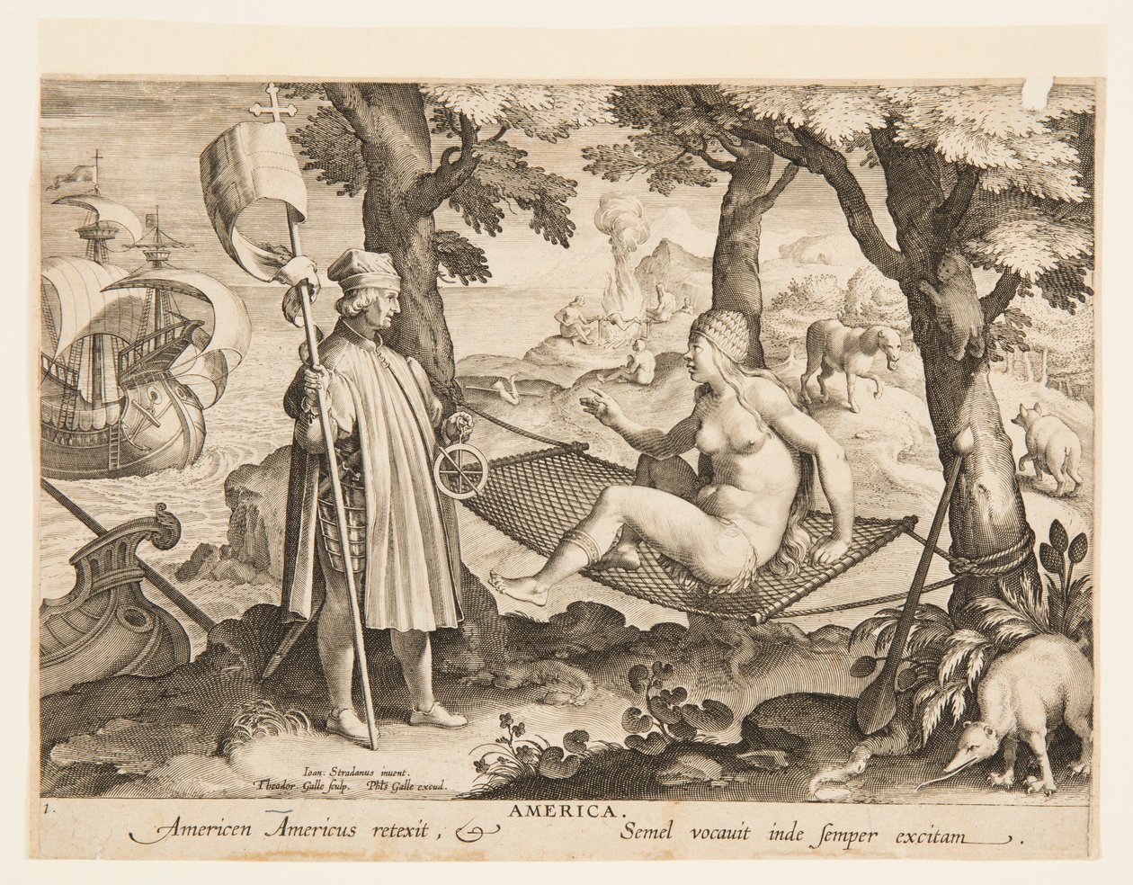 El descubrimiento de América, lámina 1 de la "Nova Reperta" (Nuevos inventos de los tiempos modernos) de Jan van der Straet, called Stradanus