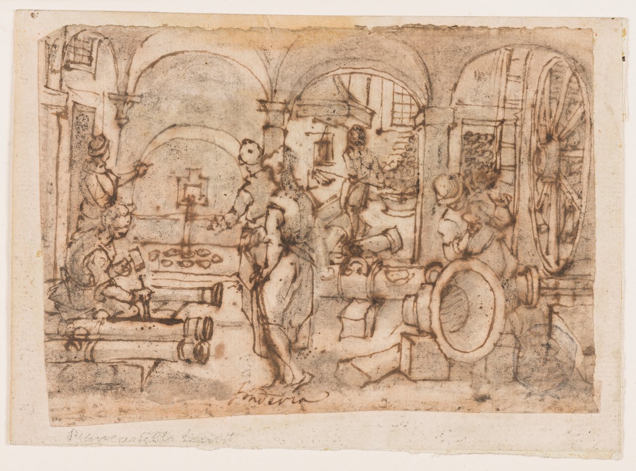 La invención de la pólvora, diseño para "Pulvis Pyrius," pl. 3 en la serie de grabados Nova Reperta (Nuevos inventos de los tiempos modernos) de Jan van der Straet, called Stradanus