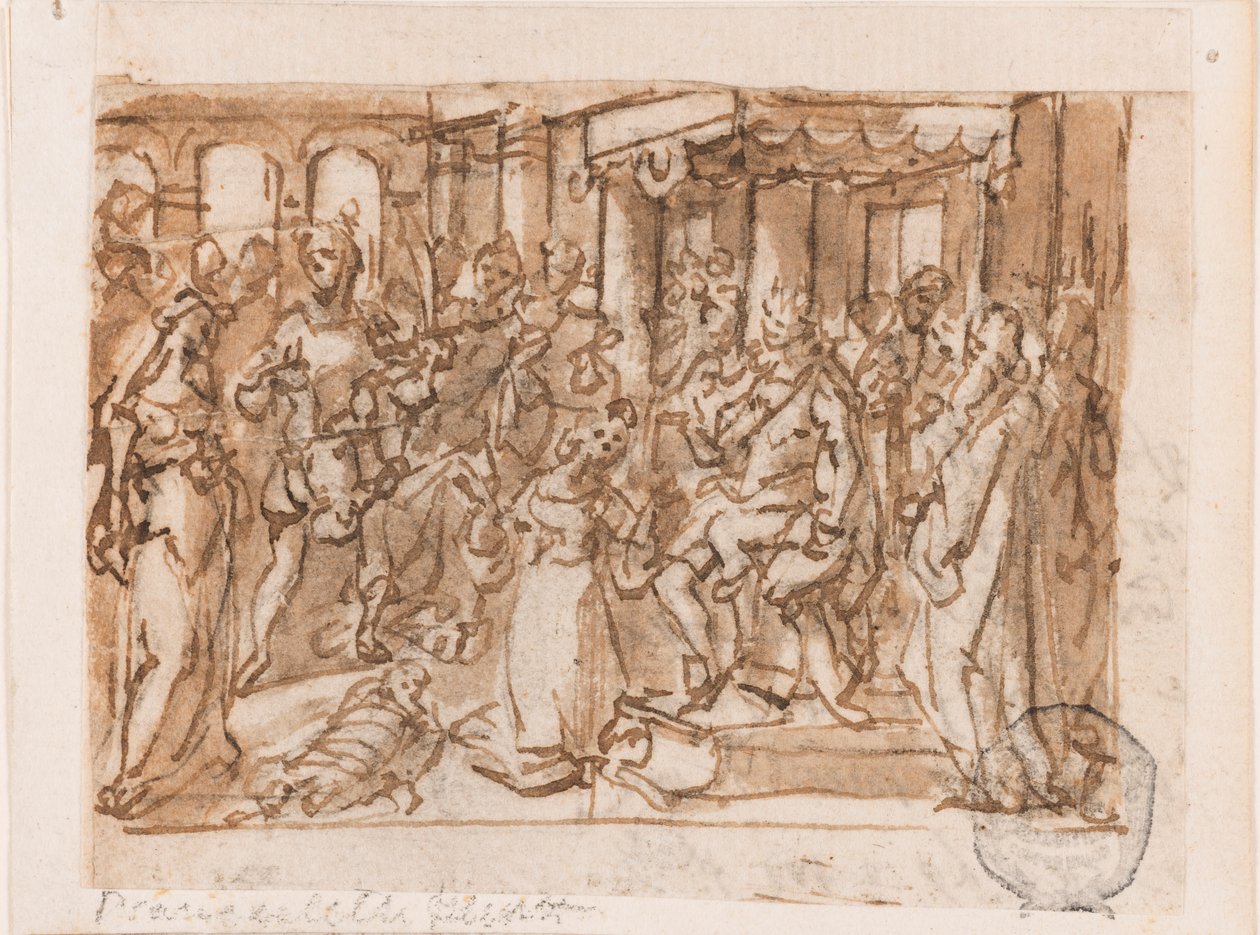 El juicio de Salomón, diseño preliminar para "Spiritus Sapientiae" (El Espíritu de Sabiduría), placa 1 en la serie de grabados "Los siete dones del Espíritu Santo" de Jan van der Straet, called Stradanus