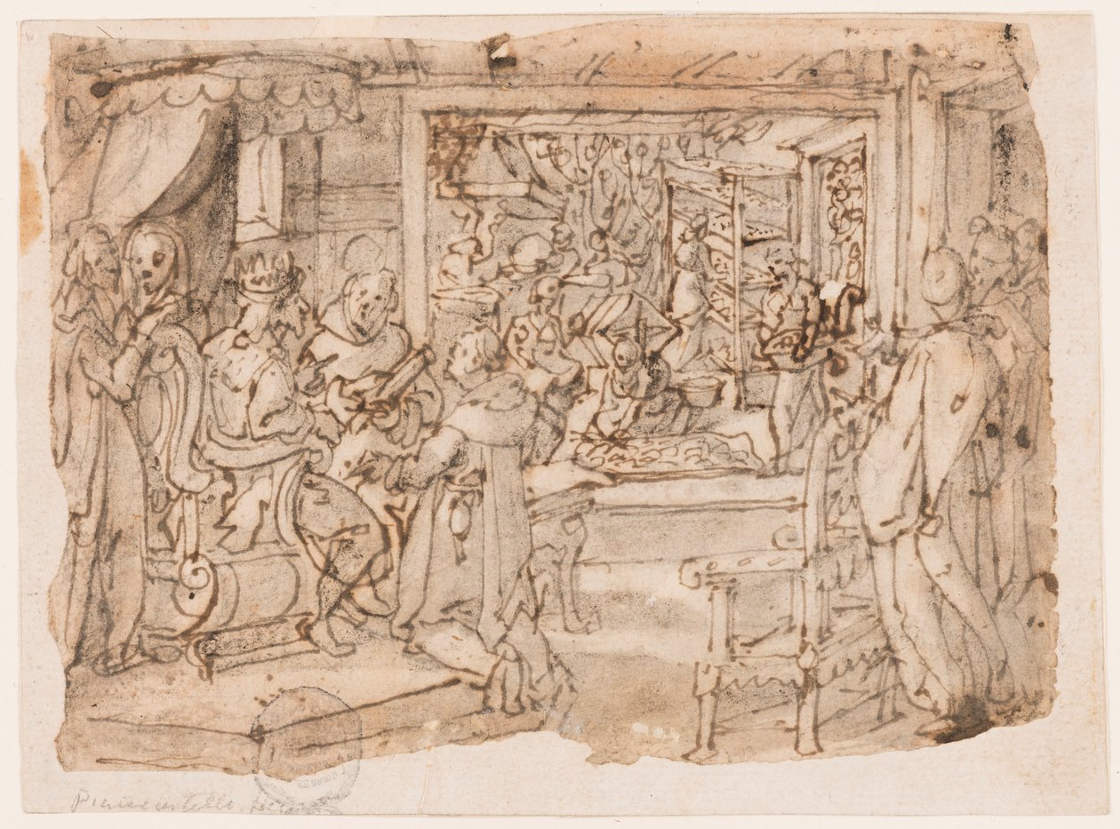 La introducción del gusano de seda en la corte del emperador Justiniano, diseño para "Ser, sive sericus vermis," placa 8 en la serie de impresiones Nova Reperta (Nuevos Inventos de los Tiempos Modernos) de Jan van der Straet, called Stradanus