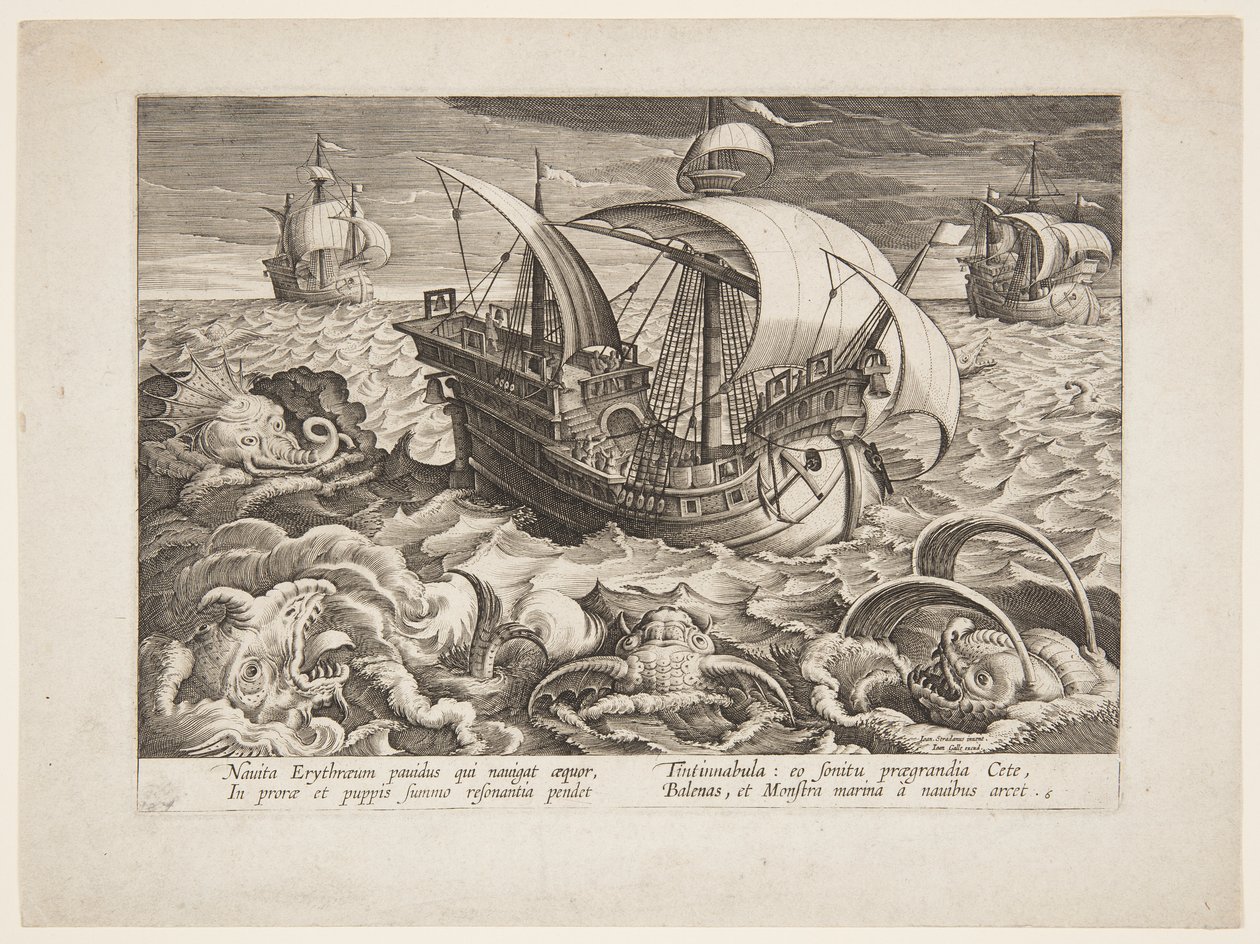 Tres barcos rodeados de monstruos de Jan van der Straet, called Stradanus