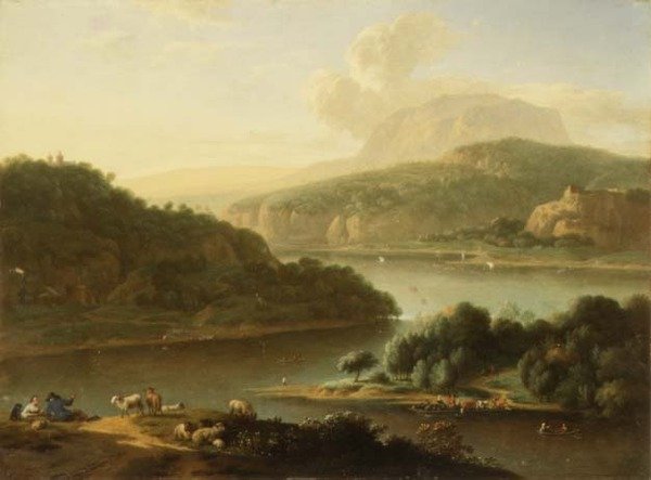 Un paisaje fluvial con pastor y campesina en primer plano de Jan van der the Younger Meer