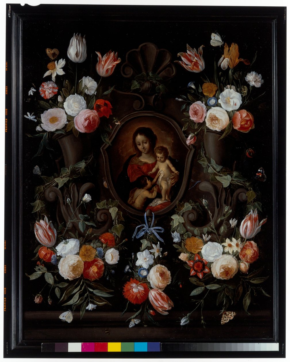 Cartela de piedra adornada con flores y mariposas de Jan van the Elder Kessel