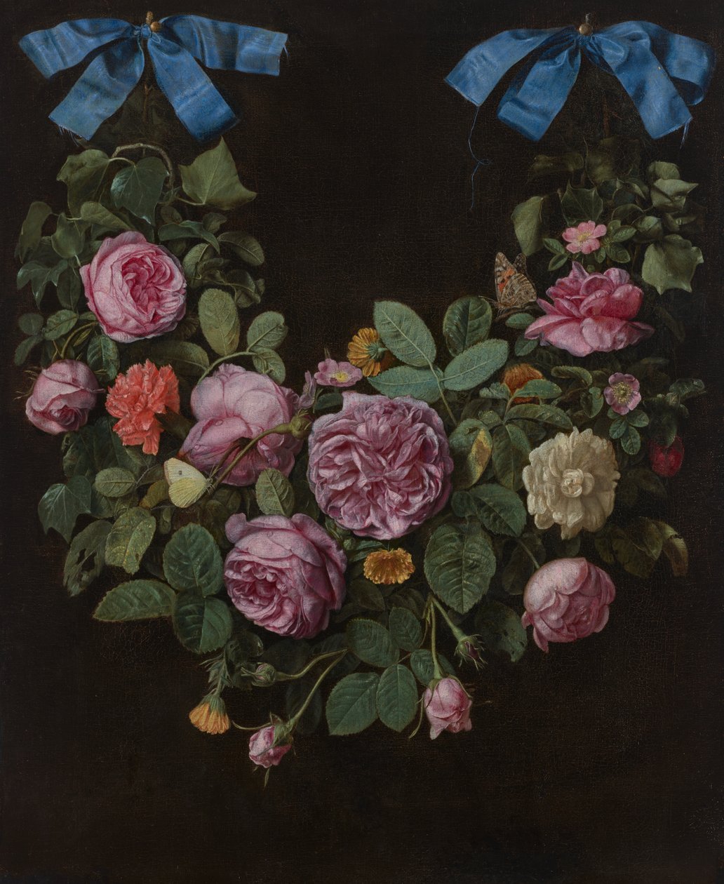 Un ramo de rosas suspendido de cintas azules (óleo sobre lienzo) de Jan van the Elder Kessel