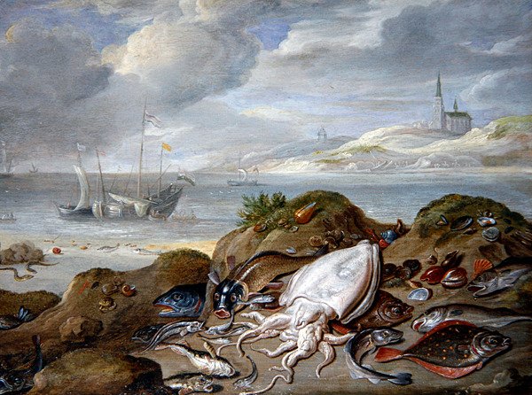 Un paisaje estuarino con peces en una duna de Jan van the Elder Kessel