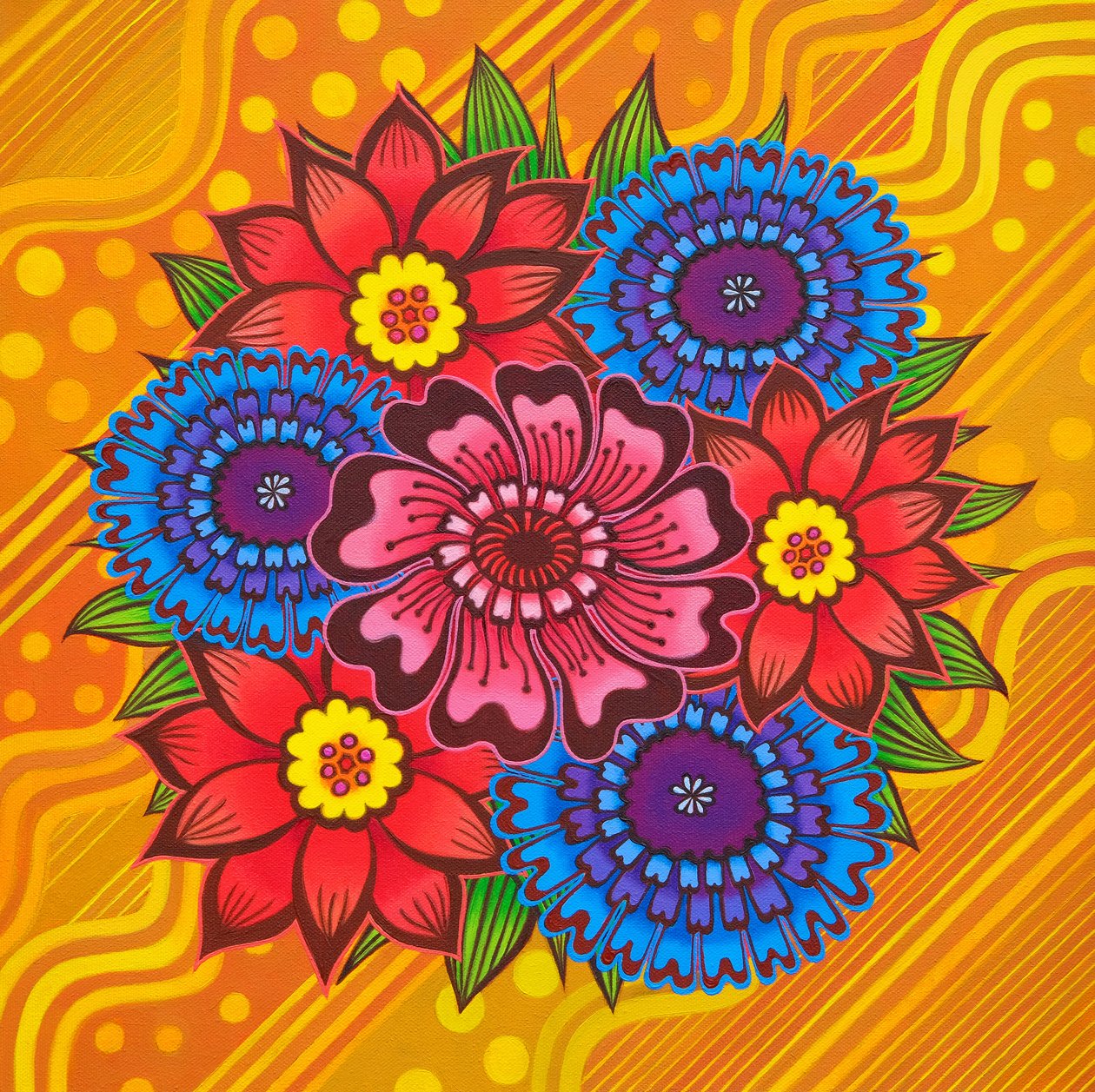 Flores sobre amarillo,2022,(óleo sobre lienzo) de Jane Tattersfield