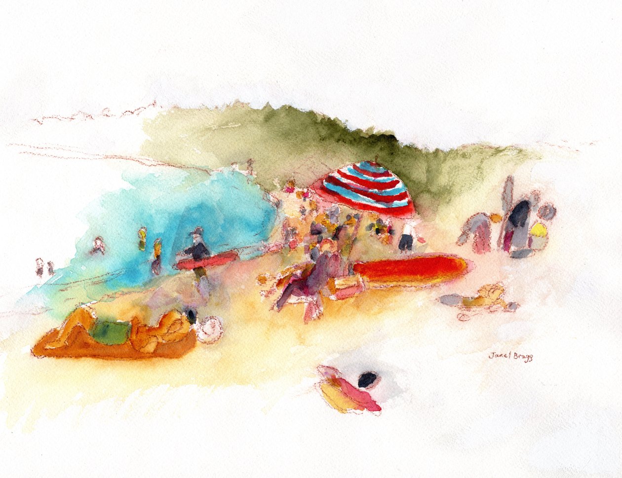 Playa Tomadores de sol y surfistas en la bahía de Hanalei, c.2019 (acuarela y lápiz sobre papel) de Janel Bragg