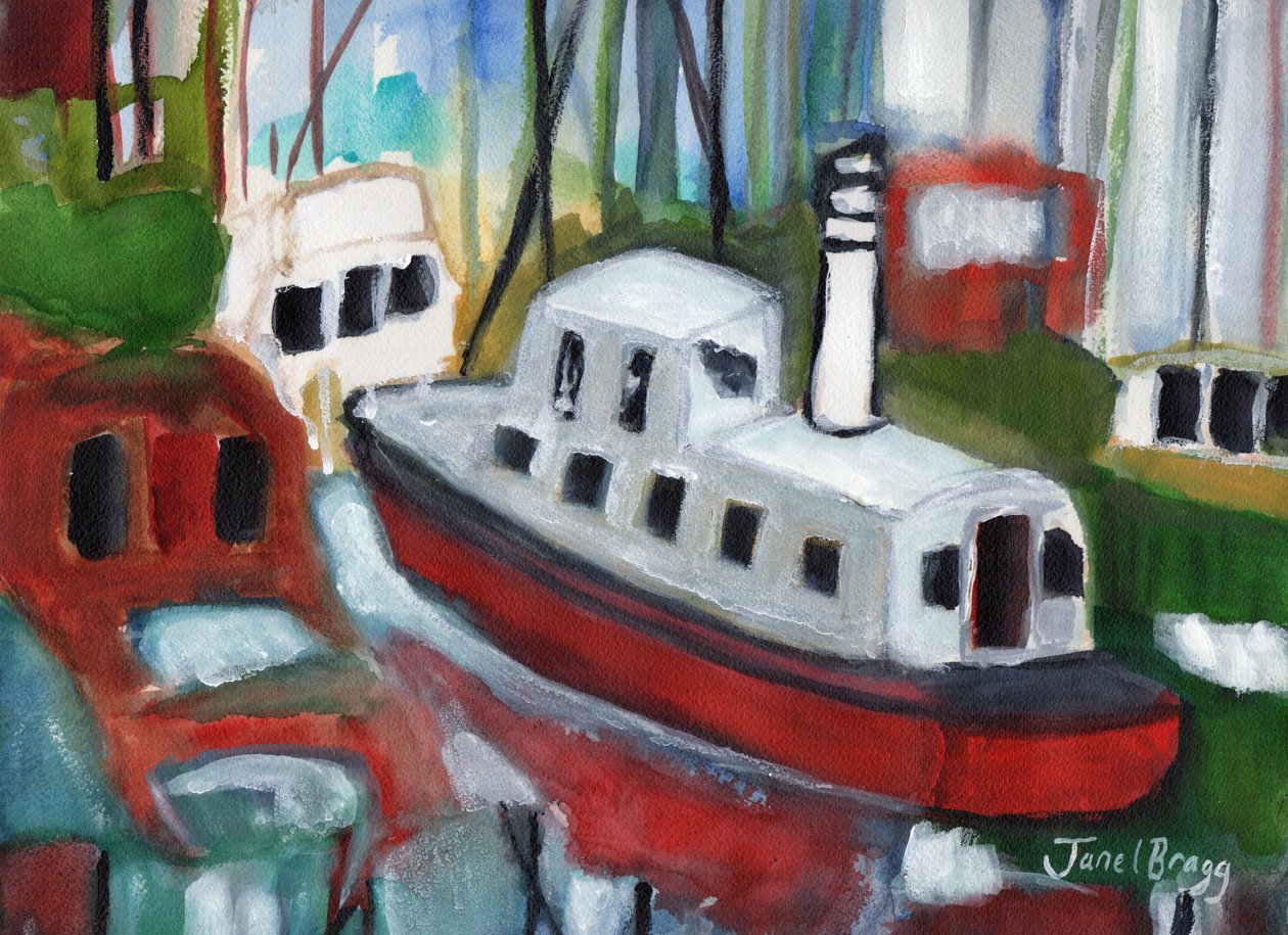 Barcos en el puerto deportivo de Cap Sante, c.2018 (acuarela y caseína sobre papel) de Janel Bragg