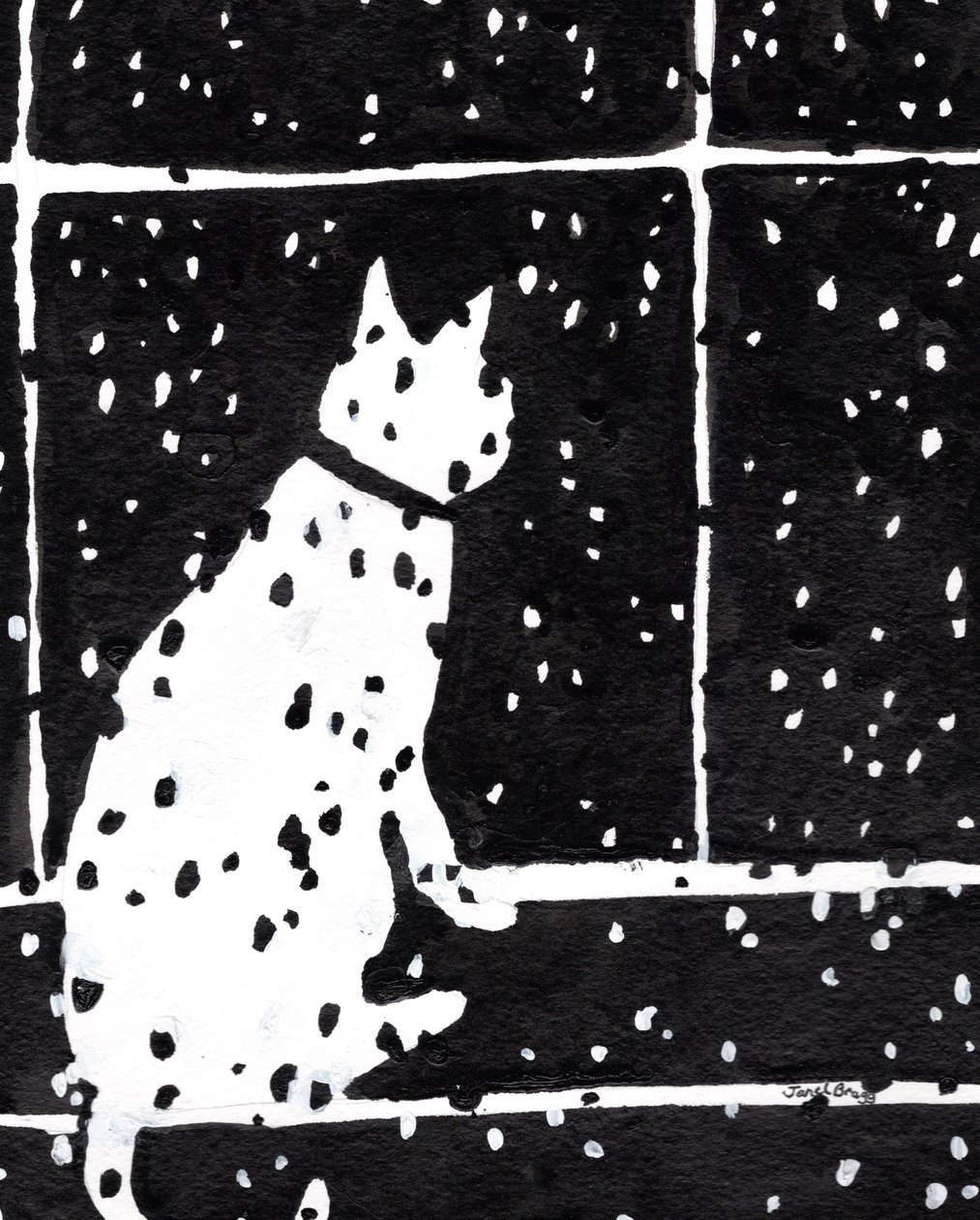 Gato en la ventana durning tormenta de nieve, c.2019 (tinta sobre papel) de Janel Bragg