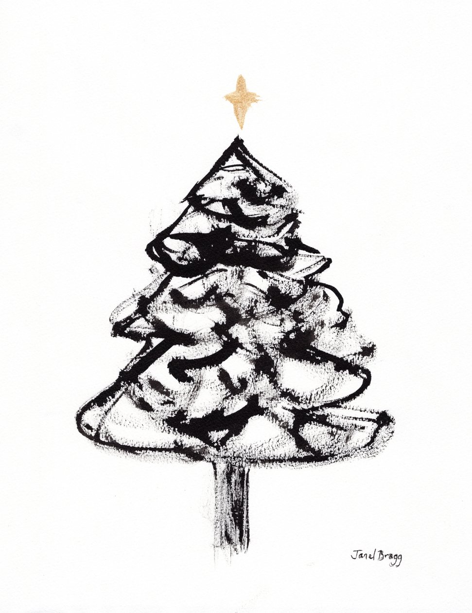 Árbol de Navidad con tinta sumi y cruz dorada, c.2021 (tinta sumi y acuarela sobre papel) de Janel Bragg