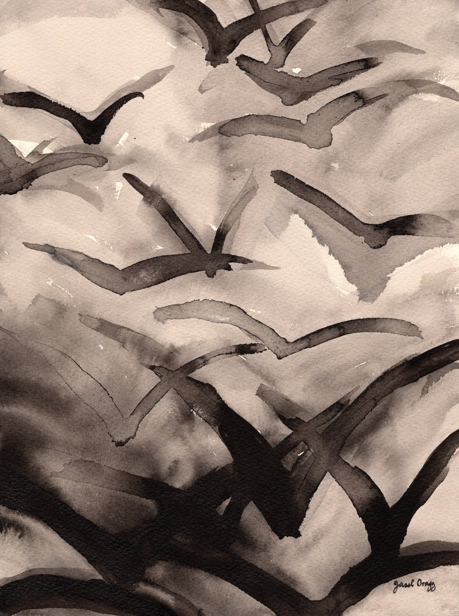 Vuelo al atardecer, c. 2025 (tinta sobre papel) de Janel Bragg