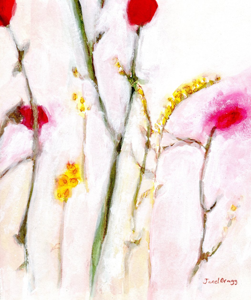Floral en naranja y lila, c.2019 (acuarela y caseína sobre papel) de Janel Bragg