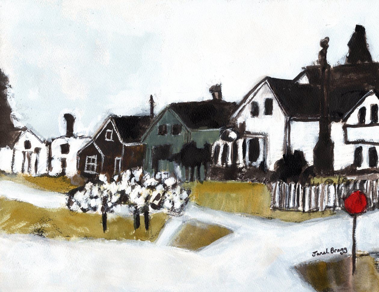 Houses on 7th Street, c.2020 (acuarela, caseína y carboncillo sobre papel) de Janel Bragg