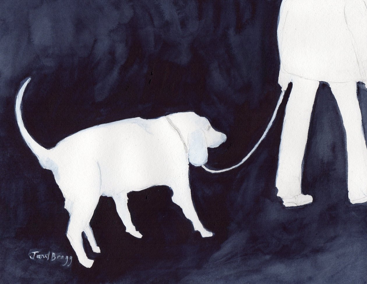 Hombre paseando a su perro en Indigo II, c. 2018 (acuarela y lápiz sobre papel) de Janel Bragg