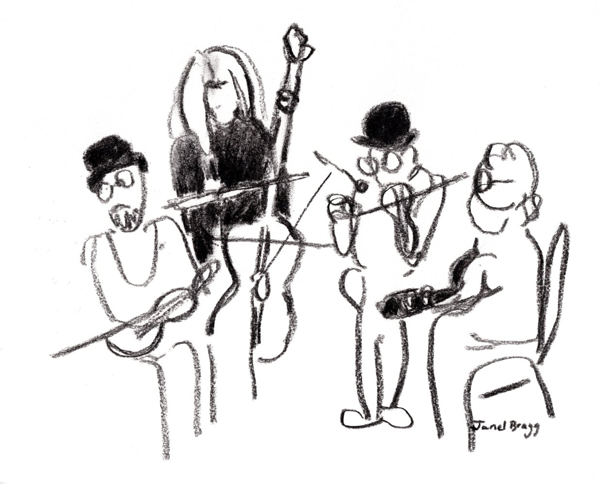 Músicos en el Festival Victoriano, c.2021 (carboncillo sobre papel) de Janel Bragg