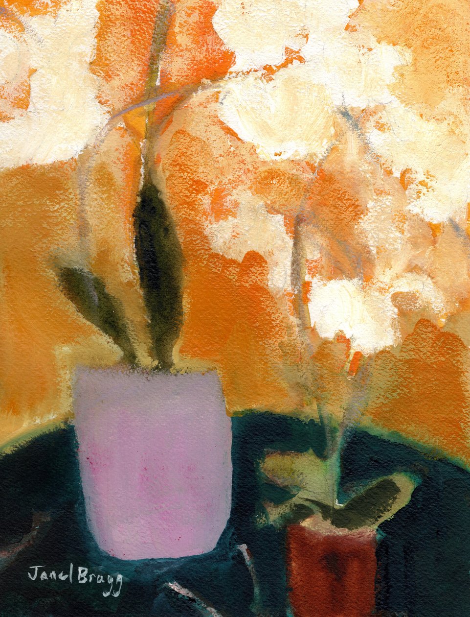 Orquídeas sobre mesa verde, c.2021 (acuarela sobre papel) de Janel Bragg