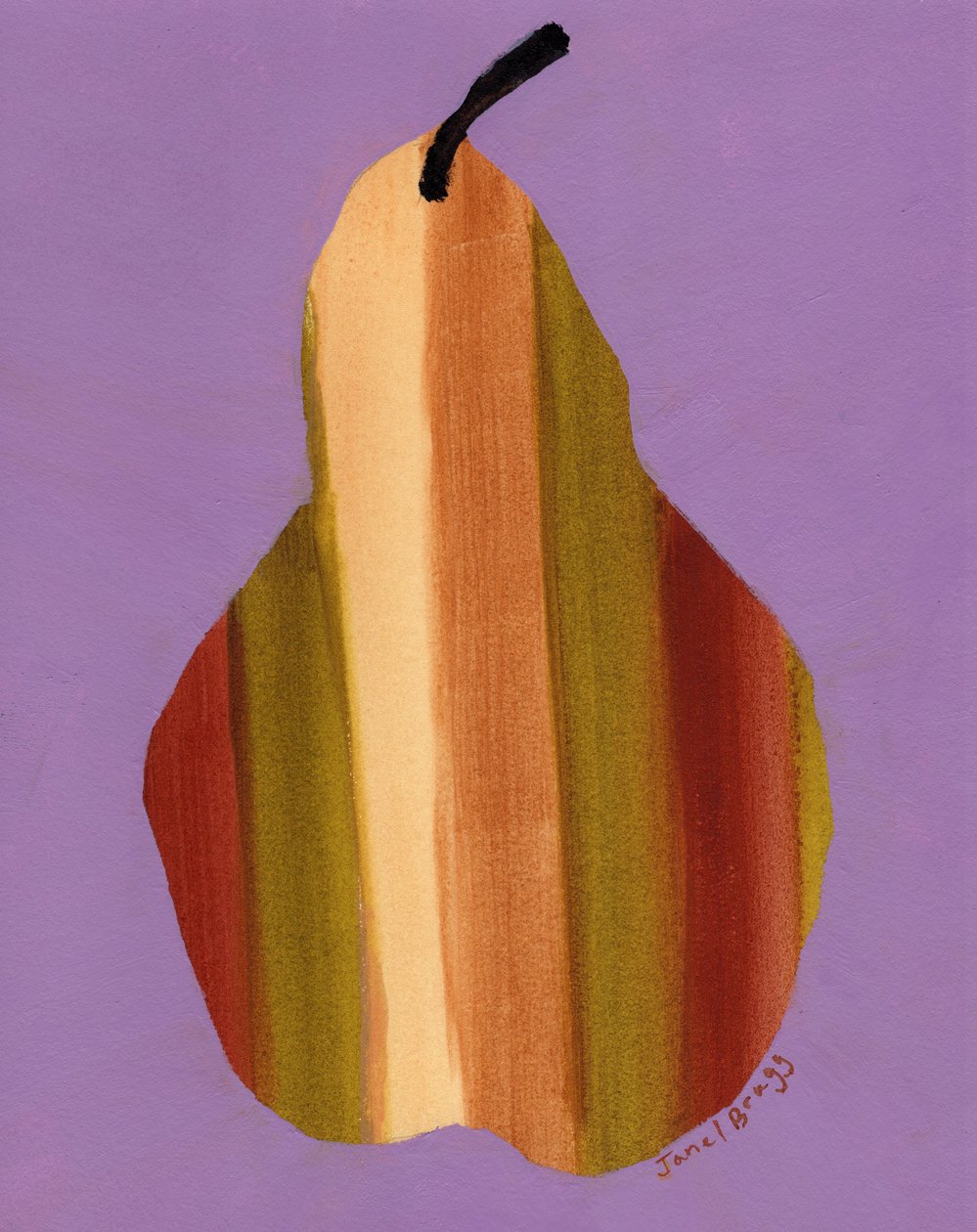 Pera con rayas y fondo rosado, c. 2024 (acuarela sobre papel) de Janel Bragg